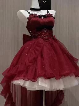 Vintage Princess Gothic Red Lolita JSK Dress Spaghetti Strap Ruffle Tulle Skirt with Chain Bow Decor High‑Low Hem for Women
