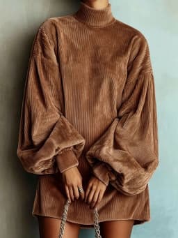High Neck Corduroy Short Dress For Women Oversized Lantern Balloon Long Sleeve Loose Hem Casual Daily Mini Dresses