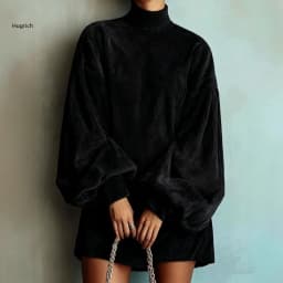 High Neck Corduroy Short Dress For Women Oversized Lantern Balloon Long Sleeve Loose Hem Casual Daily Mini Dresses