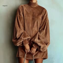 High Neck Corduroy Short Dress For Women Oversized Lantern Balloon Long Sleeve Loose Hem Casual Daily Mini Dresses
