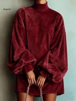 High Neck Corduroy Short Dress For Women Oversized Lantern Balloon Long Sleeve Loose Hem Casual Daily Mini Dresses