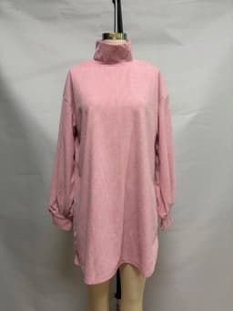 High Neck Corduroy Short Dress For Women Oversized Lantern Balloon Long Sleeve Loose Hem Casual Daily Mini Dresses