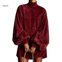 High Neck Corduroy Short Dress For Women Oversized Lantern Balloon Long Sleeve Loose Hem Casual Daily Mini Dresses
