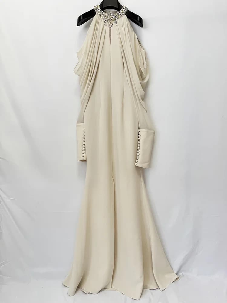 TOP QUALITY Newest Fashion 2026 Designer Women's Stand Collar Beaded Diamonds Chiffon Off Shoulder Long Sleeves Party Long Dress