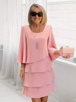 Casual Ruffles Midi Dress Women 2025 Summer Fashion Solid Color O-neck Dresses Elegant