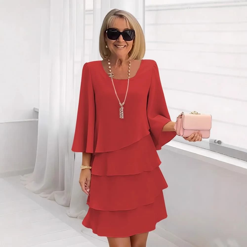 Casual Ruffles Midi Dress Women 2025 Summer Fashion Solid Color O-neck Dresses Elegant