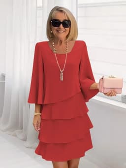Casual Ruffles Midi Dress Women 2025 Summer Fashion Solid Color O-neck Dresses Elegant