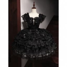 Japanese Lolita Kawaii Mini Dress Black Polka Dot Lace Up Multi Satin Bow Tiered White Lace Hem Party Dress Harajuku JKS New