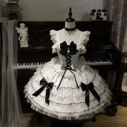 Japanese Lolita Kawaii Mini Dress Black Polka Dot Lace Up Multi Satin Bow Tiered White Lace Hem Party Dress Harajuku JKS New