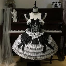 Japanese Lolita Kawaii Mini Dress Black Polka Dot Lace Up Multi Satin Bow Tiered White Lace Hem Party Dress Harajuku JKS New