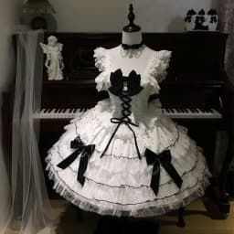 Japanese Lolita Kawaii Mini Dress Black Polka Dot Lace Up Multi Satin Bow Tiered White Lace Hem Party Dress Harajuku JKS New