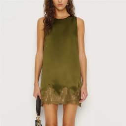 Women Silk Lace Slip Dress Satin Casual Loose Tank Dress Summer Sleeveless Crew Neck Long Flowy Top Elegant Ladies Mini Dress