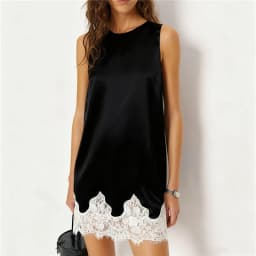 Women Silk Lace Slip Dress Satin Casual Loose Tank Dress Summer Sleeveless Crew Neck Long Flowy Top Elegant Ladies Mini Dress