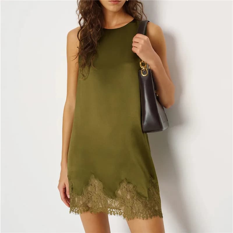 Women Silk Lace Slip Dress Satin Casual Loose Tank Dress Summer Sleeveless Crew Neck Long Flowy Top Elegant Ladies Mini Dress