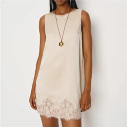 Women Silk Lace Slip Dress Satin Casual Loose Tank Dress Summer Sleeveless Crew Neck Long Flowy Top Elegant Ladies Mini Dress