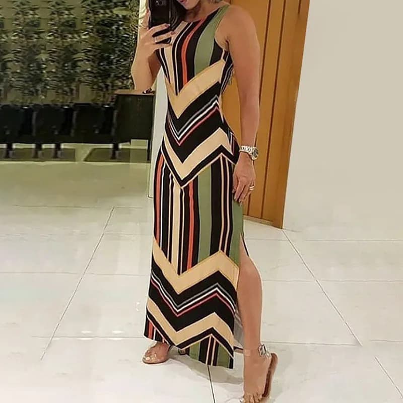 Colorful Striped Print Side Slit Maxi Dress Women Colorblock Sleeveless Slim Long Dresses Summer Streetwear Vestidos Para Mujer