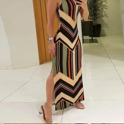 Colorful Striped Print Side Slit Maxi Dress Women Colorblock Sleeveless Slim Long Dresses Summer Streetwear Vestidos Para Mujer