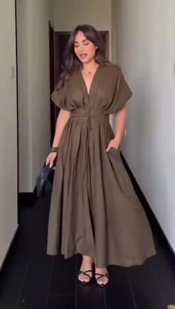 HH Women's New Fashion V-neck Pleated Down Shoulder Short Sleeve Midi Dress Female Temperament High-waist Casual Long Dress