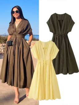 HH Women's New Fashion V-neck Pleated Down Shoulder Short Sleeve Midi Dress Female Temperament High-waist Casual Long Dress