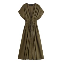 HH Women's New Fashion V-neck Pleated Down Shoulder Short Sleeve Midi Dress Female Temperament High-waist Casual Long Dress