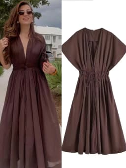 HH Women's New Fashion V-neck Pleated Down Shoulder Short Sleeve Midi Dress Female Temperament High-waist Casual Long Dress