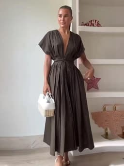 HH Women's New Fashion V-neck Pleated Down Shoulder Short Sleeve Midi Dress Female Temperament High-waist Casual Long Dress