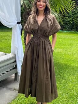 HH Women's New Fashion V-neck Pleated Down Shoulder Short Sleeve Midi Dress Female Temperament High-waist Casual Long Dress