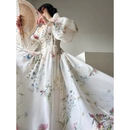Vintage Floral Midi Dress Women Elegant Party Square Collar Dresses Summer Beach Fairy Korean Long Sleeve Bodycon Vestidos New