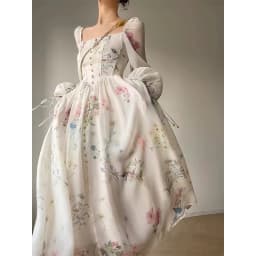 Vintage Floral Midi Dress Women Elegant Party Square Collar Dresses Summer Beach Fairy Korean Long Sleeve Bodycon Vestidos New