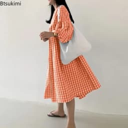 New 2026 Vintage Check Dresses for Women Fashion Puff Sleeve Casual Midi Dress Females O-neck Loose Robe Summer Oversize Vestido