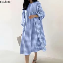 New 2026 Vintage Check Dresses for Women Fashion Puff Sleeve Casual Midi Dress Females O-neck Loose Robe Summer Oversize Vestido