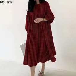 New 2026 Vintage Check Dresses for Women Fashion Puff Sleeve Casual Midi Dress Females O-neck Loose Robe Summer Oversize Vestido