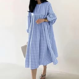 New 2026 Vintage Check Dresses for Women Fashion Puff Sleeve Casual Midi Dress Females O-neck Loose Robe Summer Oversize Vestido