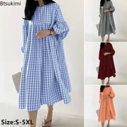 New 2026 Vintage Check Dresses for Women Fashion Puff Sleeve Casual Midi Dress Females O-neck Loose Robe Summer Oversize Vestido