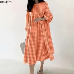 New 2026 Vintage Check Dresses for Women Fashion Puff Sleeve Casual Midi Dress Females O-neck Loose Robe Summer Oversize Vestido