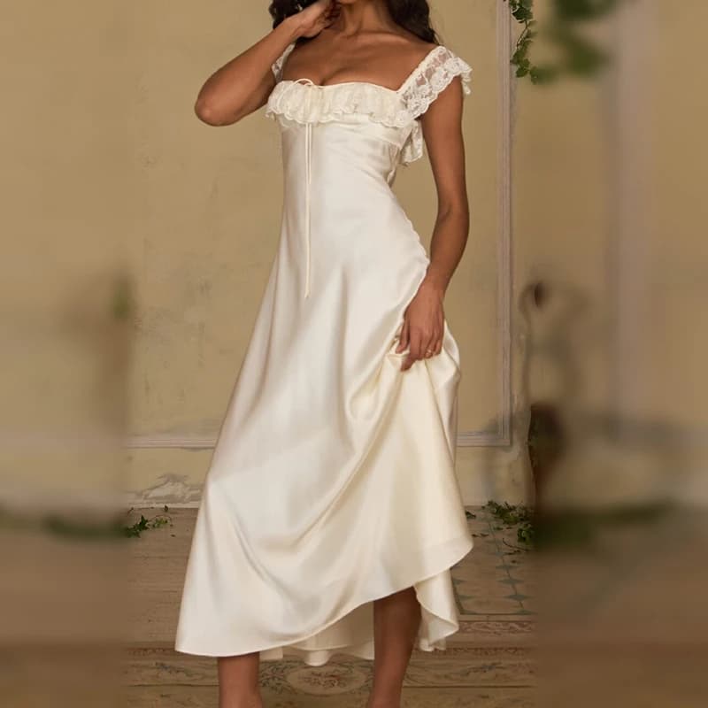 Women Solid Color Lace Trim Long Dress Chic Square Neck Back Zipper Slim Fit Maxi Skirt Elegant Summer Party Club Holiday Outfit