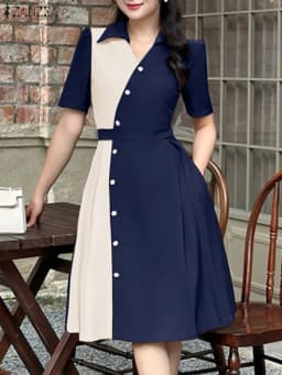 2025 Summer Dress ZANZEA Stylish Women Patchwork Dresses Elegant Lapel Neck Short Sleeve Pleated Sundress Casual Work Vestidos