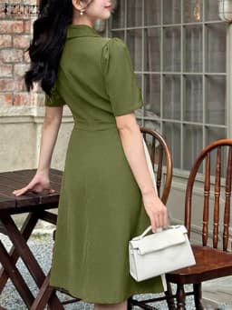 2025 Summer Dress ZANZEA Stylish Women Patchwork Dresses Elegant Lapel Neck Short Sleeve Pleated Sundress Casual Work Vestidos