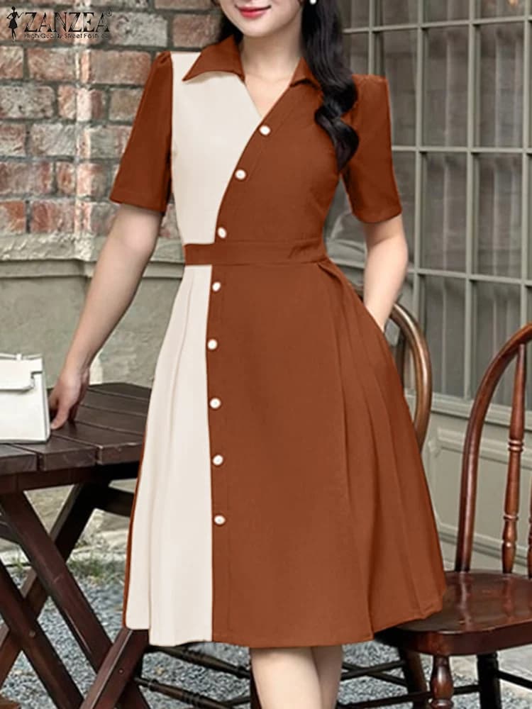 2025 Summer Dress ZANZEA Stylish Women Patchwork Dresses Elegant Lapel Neck Short Sleeve Pleated Sundress Casual Work Vestidos