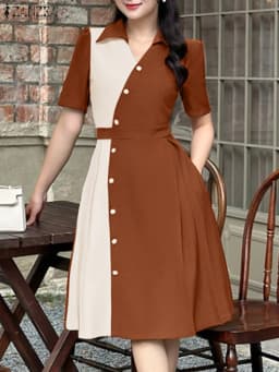 2025 Summer Dress ZANZEA Stylish Women Patchwork Dresses Elegant Lapel Neck Short Sleeve Pleated Sundress Casual Work Vestidos