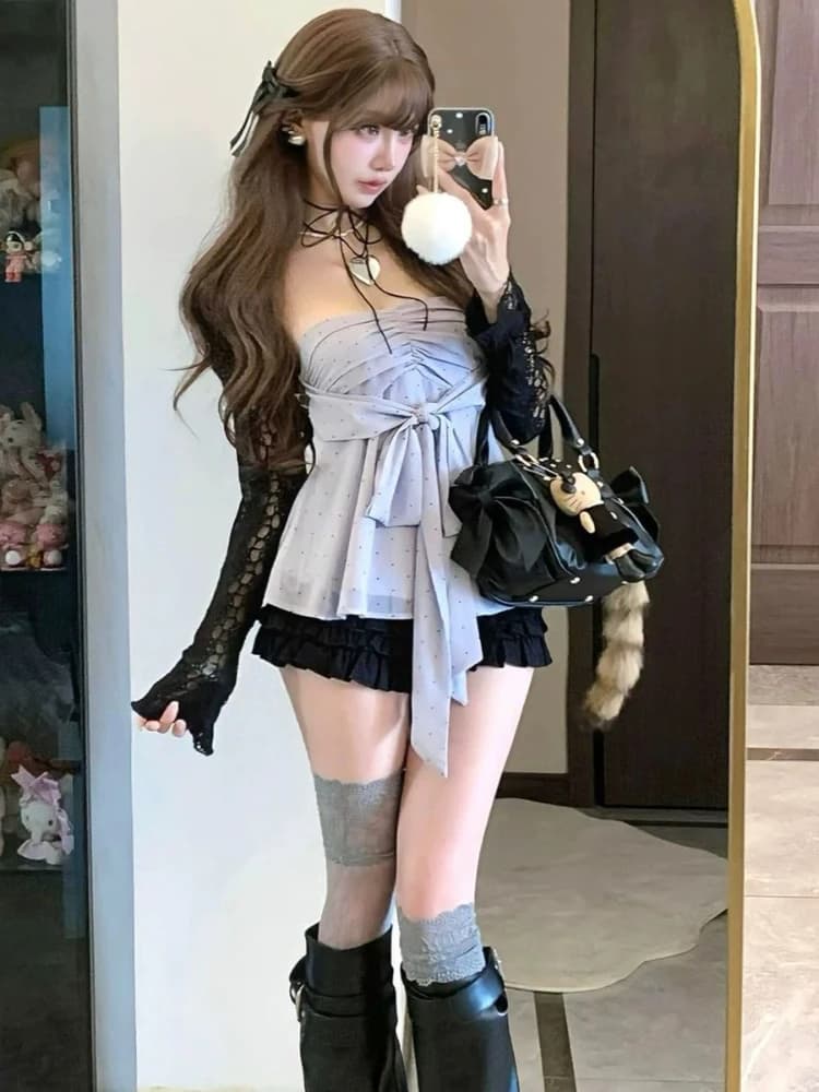 Aesthetic Vintage Lace Slim Dress Women Gothic Sexy Y2k Lace Up Cardigan Women High Street Hot Girl Off Shoulder Sling Dresses