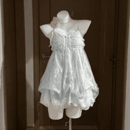 French Vintage Dress Lace Tulle Trim Ruffle Spaghetti Strap Lace Up Front Bubble Hem Mini Dress Sweet Fairy Style Women Wear