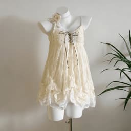 French Vintage Dress Lace Tulle Trim Ruffle Spaghetti Strap Lace Up Front Bubble Hem Mini Dress Sweet Fairy Style Women Wear