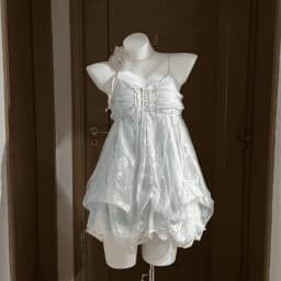 French Vintage Dress Lace Tulle Trim Ruffle Spaghetti Strap Lace Up Front Bubble Hem Mini Dress Sweet Fairy Style Women Wear