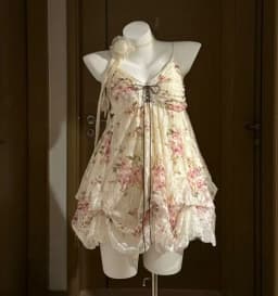 French Vintage Dress Lace Tulle Trim Ruffle Spaghetti Strap Lace Up Front Bubble Hem Mini Dress Sweet Fairy Style Women Wear