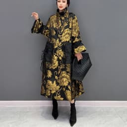 Gold Flowers Jacquard New Korean Style Woman Winter Loose Fit Chic Dress Big Size Turtleneck Girls Unique Casual Robe JJXD679