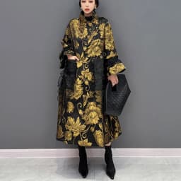 Gold Flowers Jacquard New Korean Style Woman Winter Loose Fit Chic Dress Big Size Turtleneck Girls Unique Casual Robe JJXD679