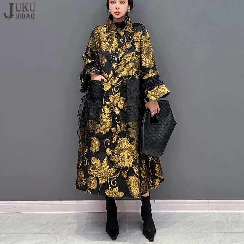 Gold Flowers Jacquard New Korean Style Woman Winter Loose Fit Chic Dress Big Size Turtleneck Girls Unique Casual Robe JJXD679