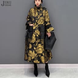 Gold Flowers Jacquard New Korean Style Woman Winter Loose Fit Chic Dress Big Size Turtleneck Girls Unique Casual Robe JJXD679