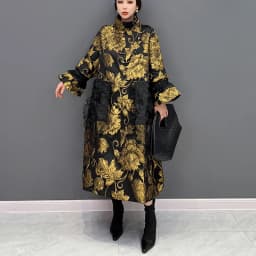 Gold Flowers Jacquard New Korean Style Woman Winter Loose Fit Chic Dress Big Size Turtleneck Girls Unique Casual Robe JJXD679